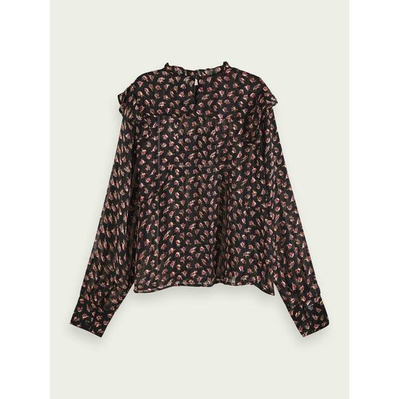 SCOTCH & SODA Floaty Ruffled Black Long Sleeve Floral Top Sz S - Picture 8 of 9